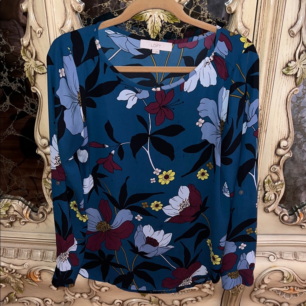 LOFT Teal Blouse with Floral Print
